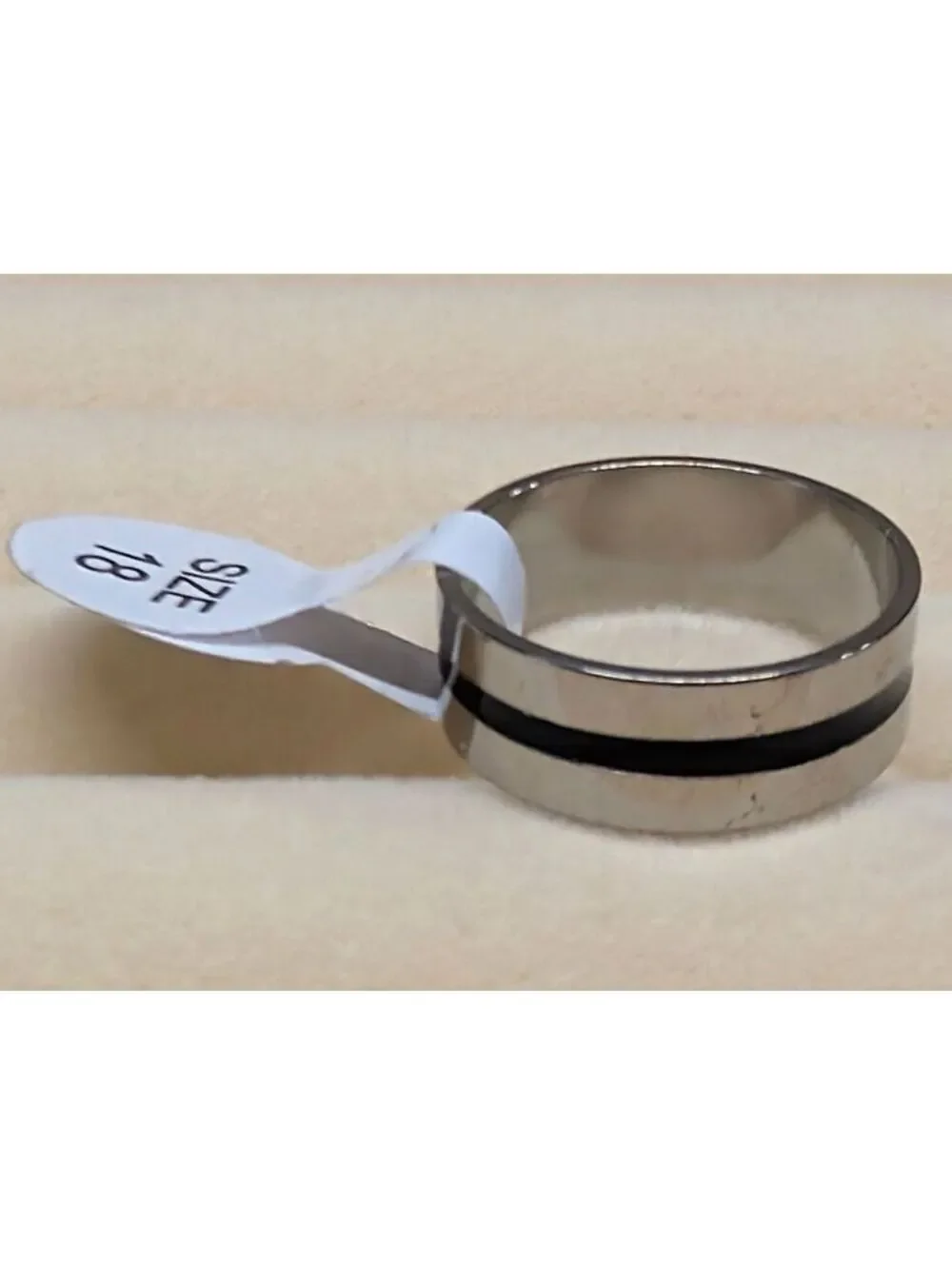 New Stainless Steel Grooved Ring Size 7.75 Silver Tone Black Enamel Band Goth